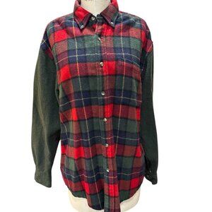 Eddie Bauer Plaid Wool Blend Button-Up Shirt Green Sleeves Red Tartan Flannel Si